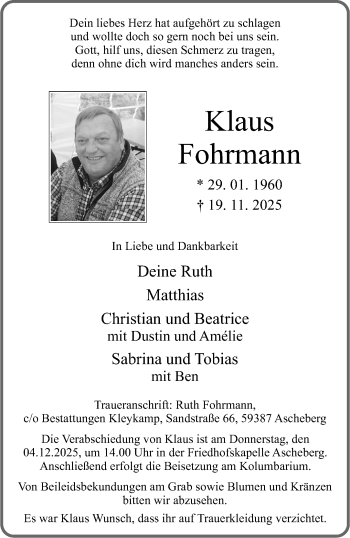 Anzeige von Klaus Fohrmann 