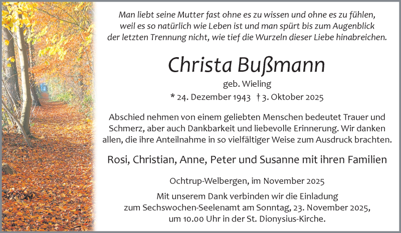  Traueranzeige für Christa Bußmann vom 19.11.2025 aus 