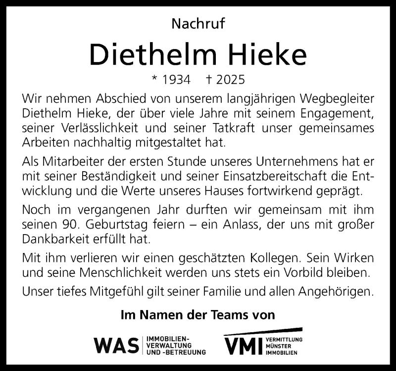  Traueranzeige für Diethelm Hieke vom 08.11.2025 aus 