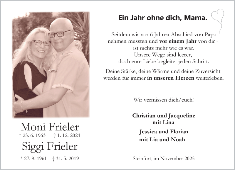  Traueranzeige für Moni und Siggi Frieler vom 29.11.2025 aus 