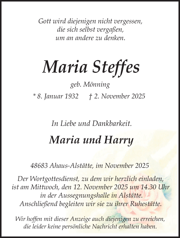 Traueranzeige für Maria Steffes vom 06.11.2025 aus 