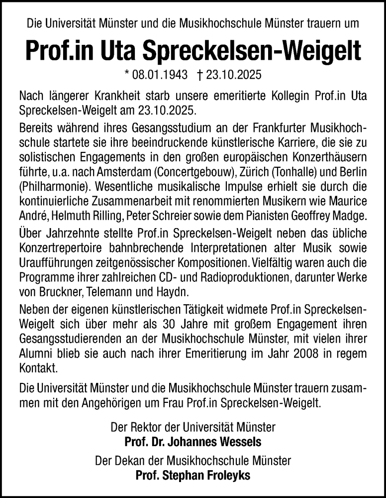  Traueranzeige für Prof.in Uta Spreckelsen-Weigelt vom 08.11.2025 aus 