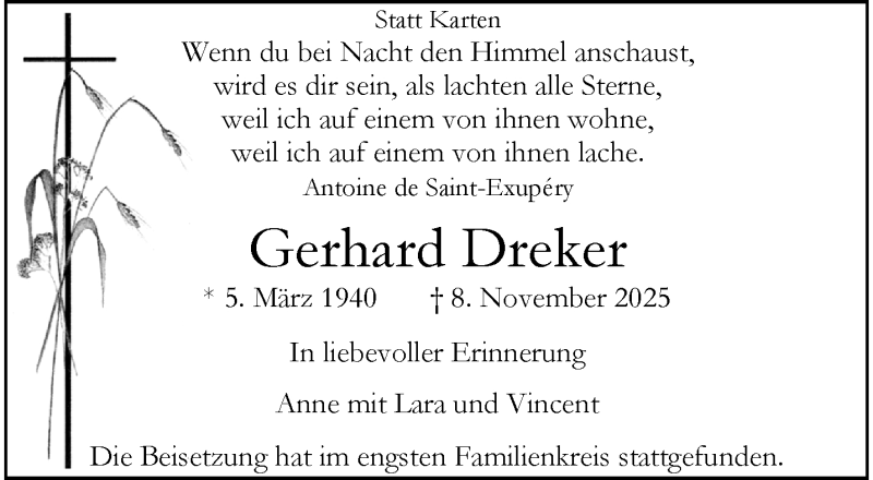  Traueranzeige für Gerhard Dreker vom 29.11.2025 aus 