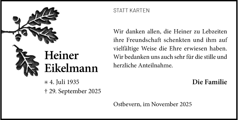  Traueranzeige für Heiner Eikelmann vom 29.11.2025 aus 