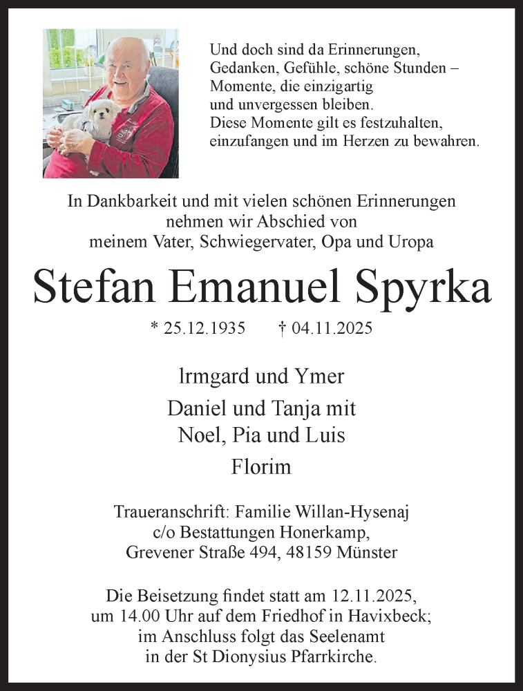  Traueranzeige für Stefan Emanuel Spyrka vom 08.11.2025 aus 