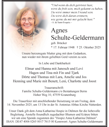 Anzeige von Agnes Schulte-Geldermann 