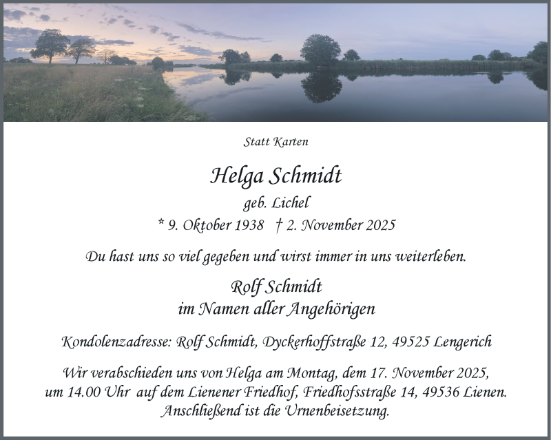  Traueranzeige für Helga Schmidt vom 08.11.2025 aus 