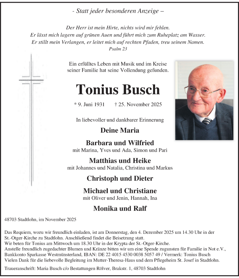  Traueranzeige für Tonius Busch vom 29.11.2025 aus 