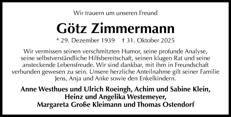  Traueranzeige für Götz Zimmermann vom 15.11.2025 aus 