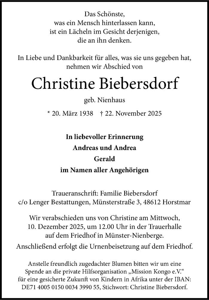  Traueranzeige für Christine Biebersdorf vom 29.11.2025 aus 