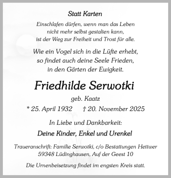 Anzeige von Friedhilde Serwotki   