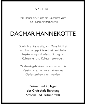 Anzeige von Dagmar Hannekotte 