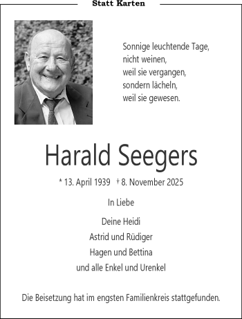 Anzeige von Harald Seegers 