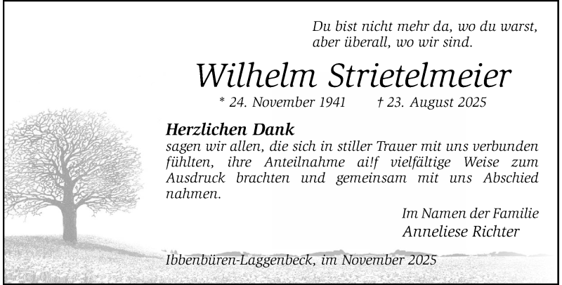  Traueranzeige für Wilhelm Strietelmeier vom 15.11.2025 aus 
