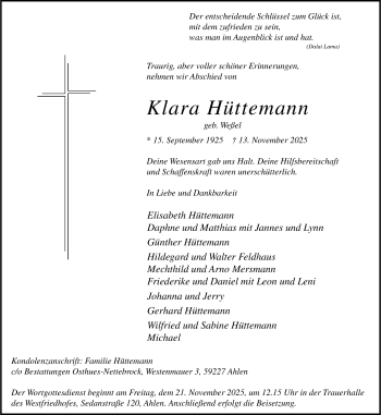 Anzeige von Klara Hüttemann 