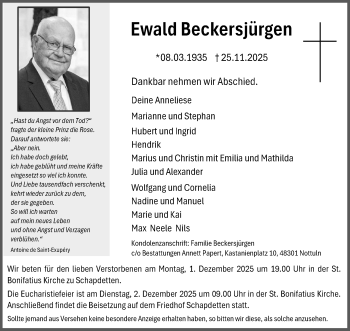 Anzeige von Ewald Beckersjürgen 