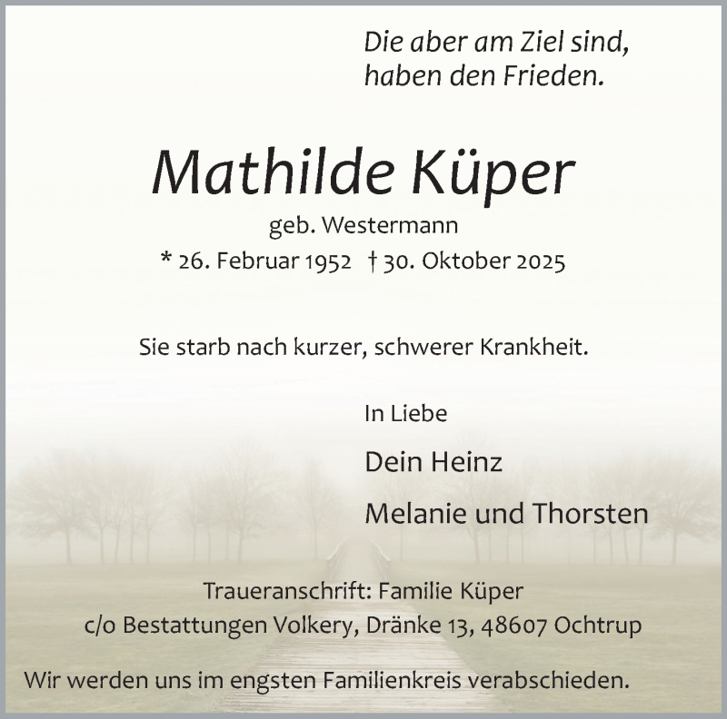  Traueranzeige für Mathilde Küper vom 04.11.2025 aus 