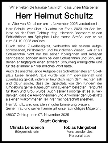 Anzeige von Helmut Schultz 