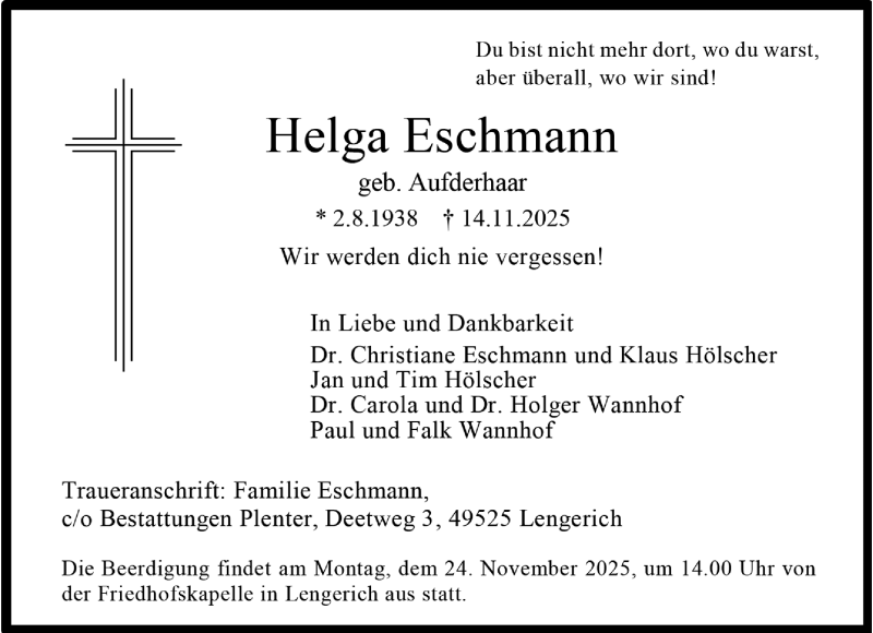 Traueranzeige für Helga Eschmann vom 20.11.2025 aus 