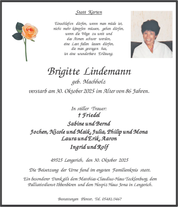 Anzeige von Brigitte Lindemann 
