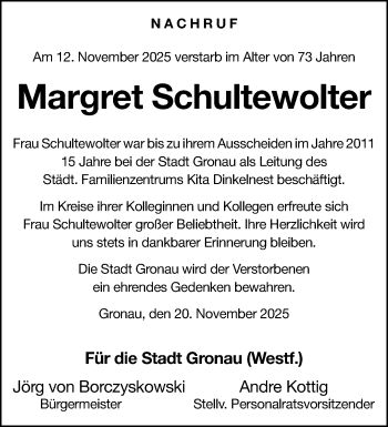 Anzeige von Margret Schultewolter 