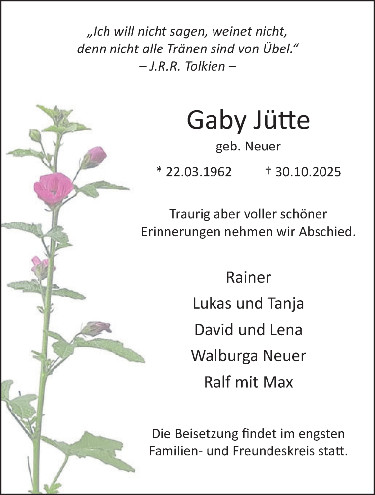  Traueranzeige für Gaby Jütte vom 08.11.2025 aus 