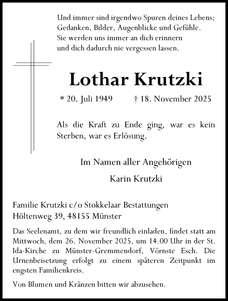  Traueranzeige für Lothar Krutzki vom 22.11.2025 aus 