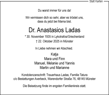 Anzeige von Dr. Anastasios Ladas 