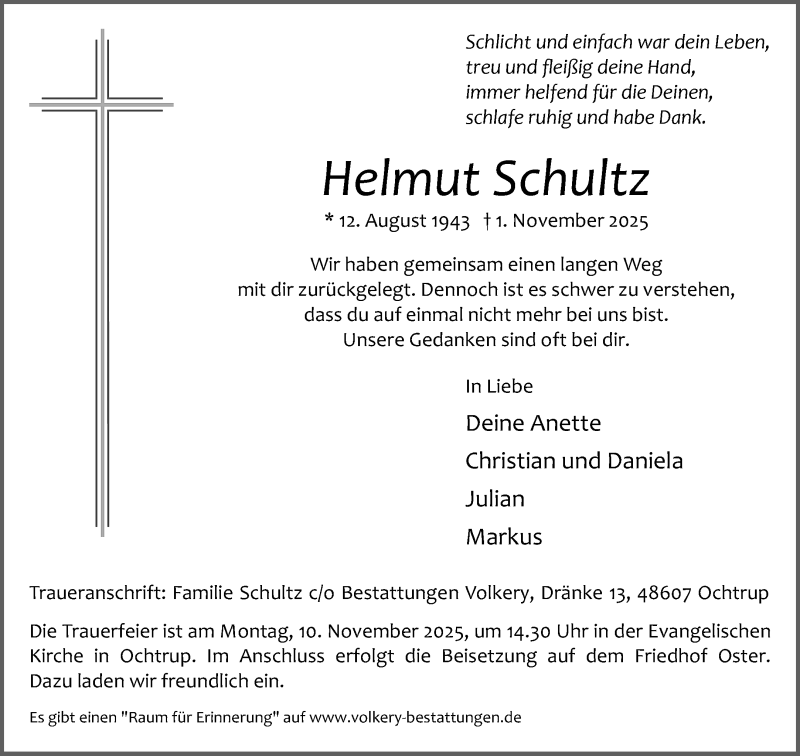  Traueranzeige für Helmut Schultz vom 04.11.2025 aus 