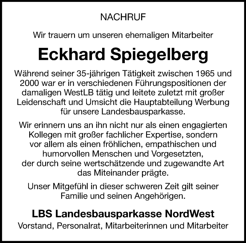  Traueranzeige für Eckhard Spiegelberg vom 15.11.2025 aus 