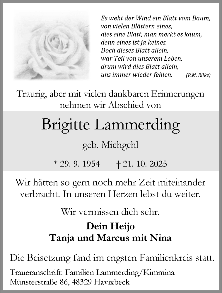  Traueranzeige für Brigitte Lammerding vom 12.11.2025 aus 