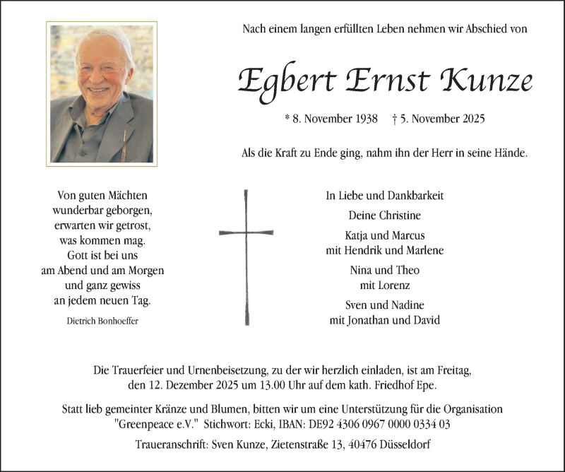  Traueranzeige für Egbert Ernst Kunze vom 15.11.2025 aus 