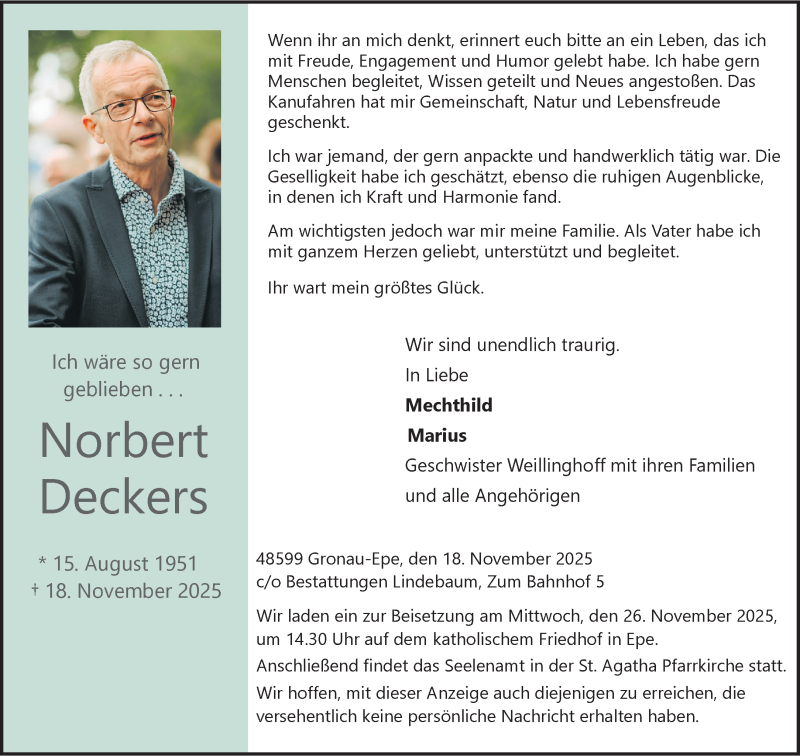  Traueranzeige für Norbert Deckers vom 22.11.2025 aus 