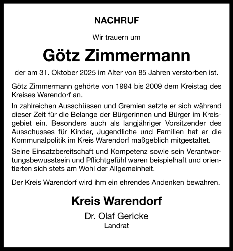  Traueranzeige für Götz Zimmermann vom 18.11.2025 aus 