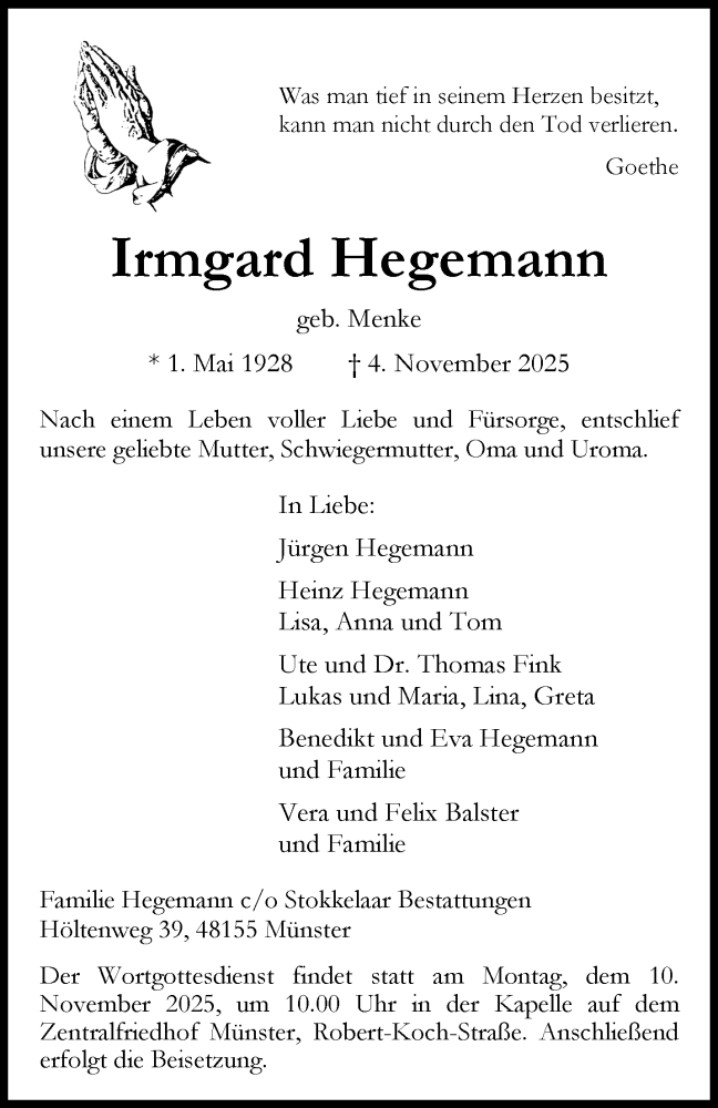  Traueranzeige für Irmgard Hegemann vom 08.11.2025 aus 