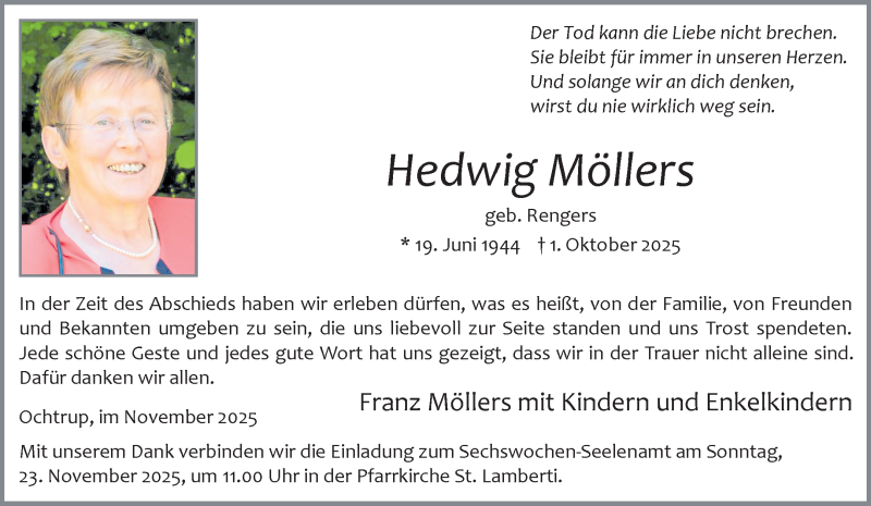  Traueranzeige für Hedwig Möllers vom 19.11.2025 aus 