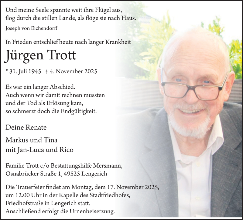  Traueranzeige für Jürgen Trott vom 08.11.2025 aus 