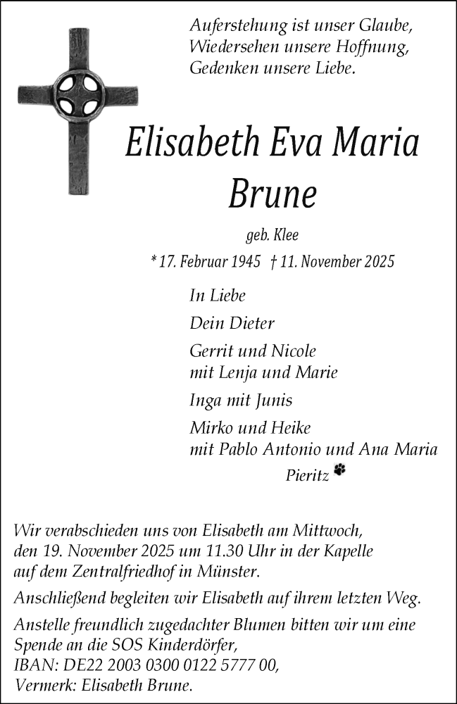  Traueranzeige für Elisabeth Eva Maria Brune vom 15.11.2025 aus 