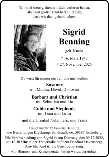 Anzeige von Sigrid Benning 