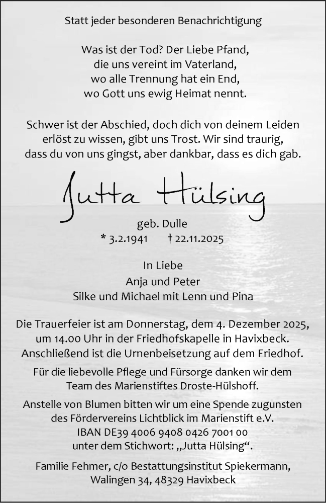  Traueranzeige für Jutta Hülsing vom 29.11.2025 aus 