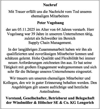 Anzeige von Peter Vogelsang 