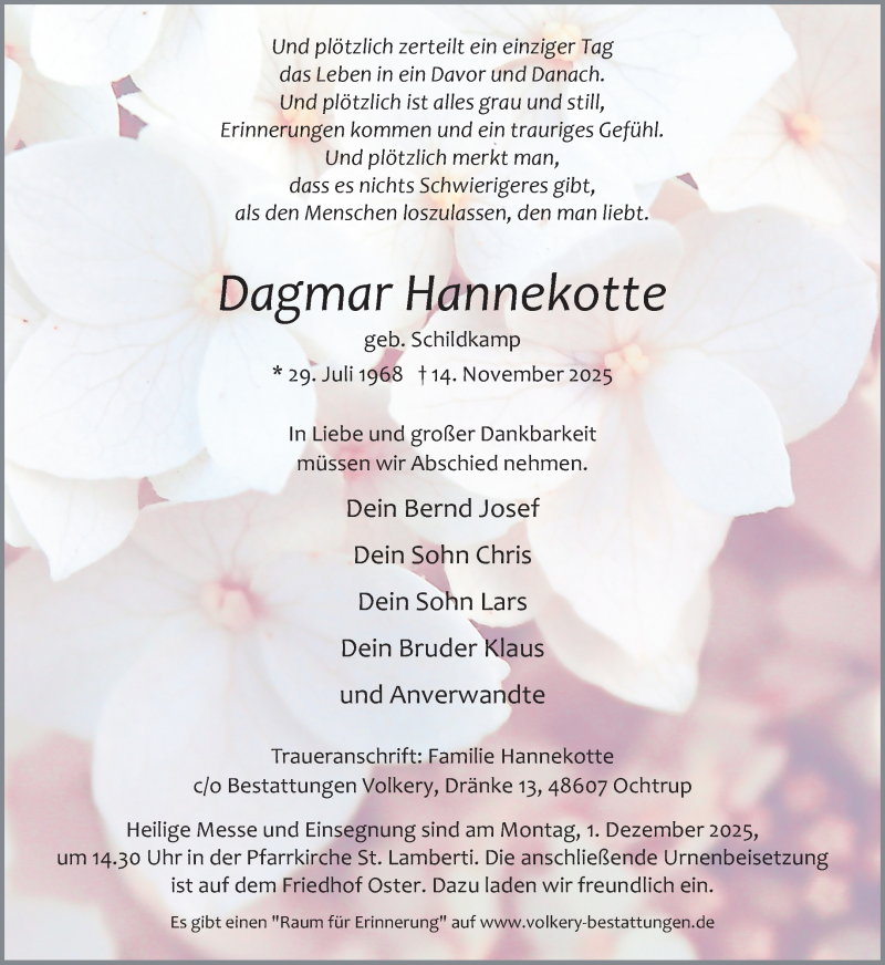  Traueranzeige für Dagmar Hannekotte vom 18.11.2025 aus 