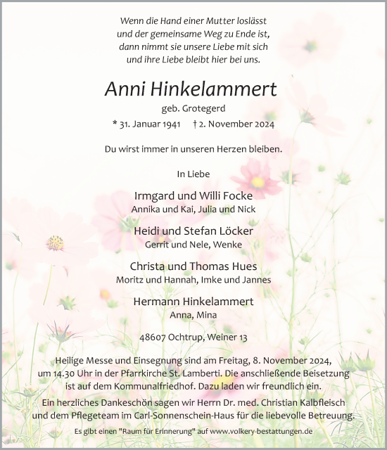 Anzeige von Anni Hinkelammert von Westfälische Nachrichten
