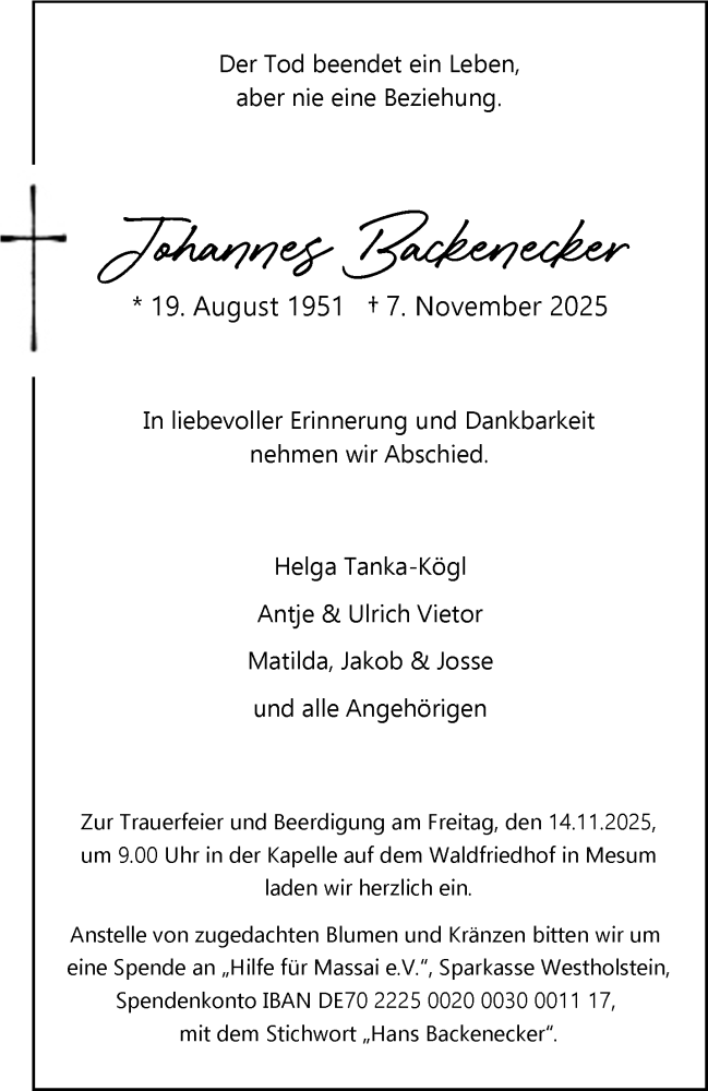  Traueranzeige für Johannes Backenecker vom 12.11.2025 aus 