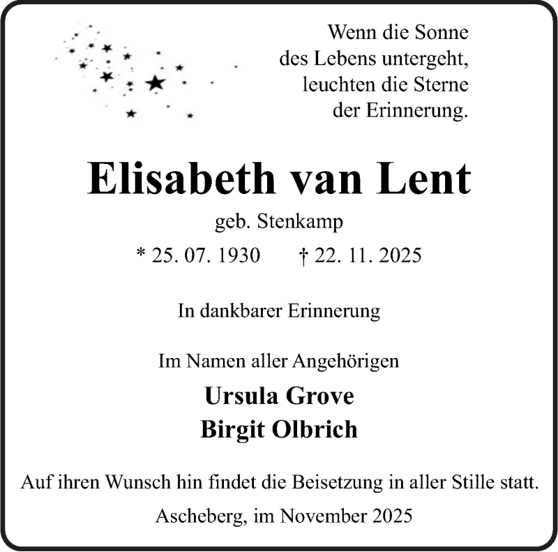  Traueranzeige für Elisabeth van Lent vom 29.11.2025 aus 