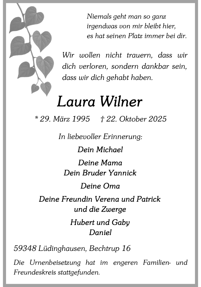  Traueranzeige für Laura Wilner vom 08.11.2025 aus 