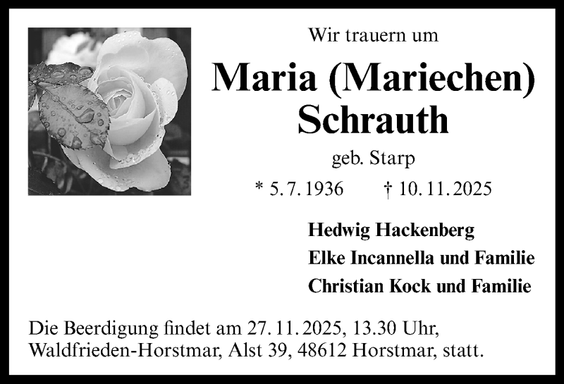  Traueranzeige für Maria Schrauth vom 22.11.2025 aus 