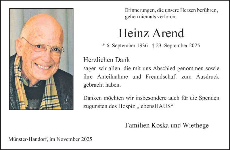  Traueranzeige für Heinz Arend vom 15.11.2025 aus 