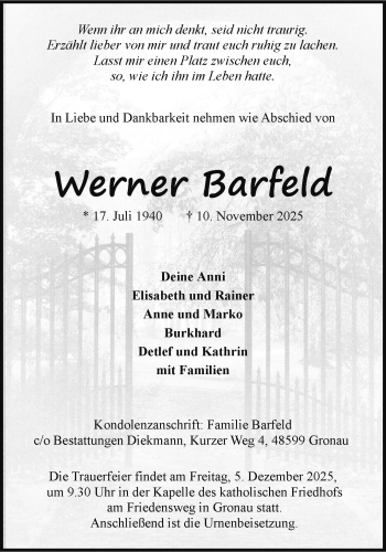 Anzeige von Werner Barfeld 