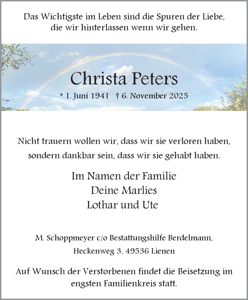  Traueranzeige für Christa Peters vom 15.11.2025 aus 